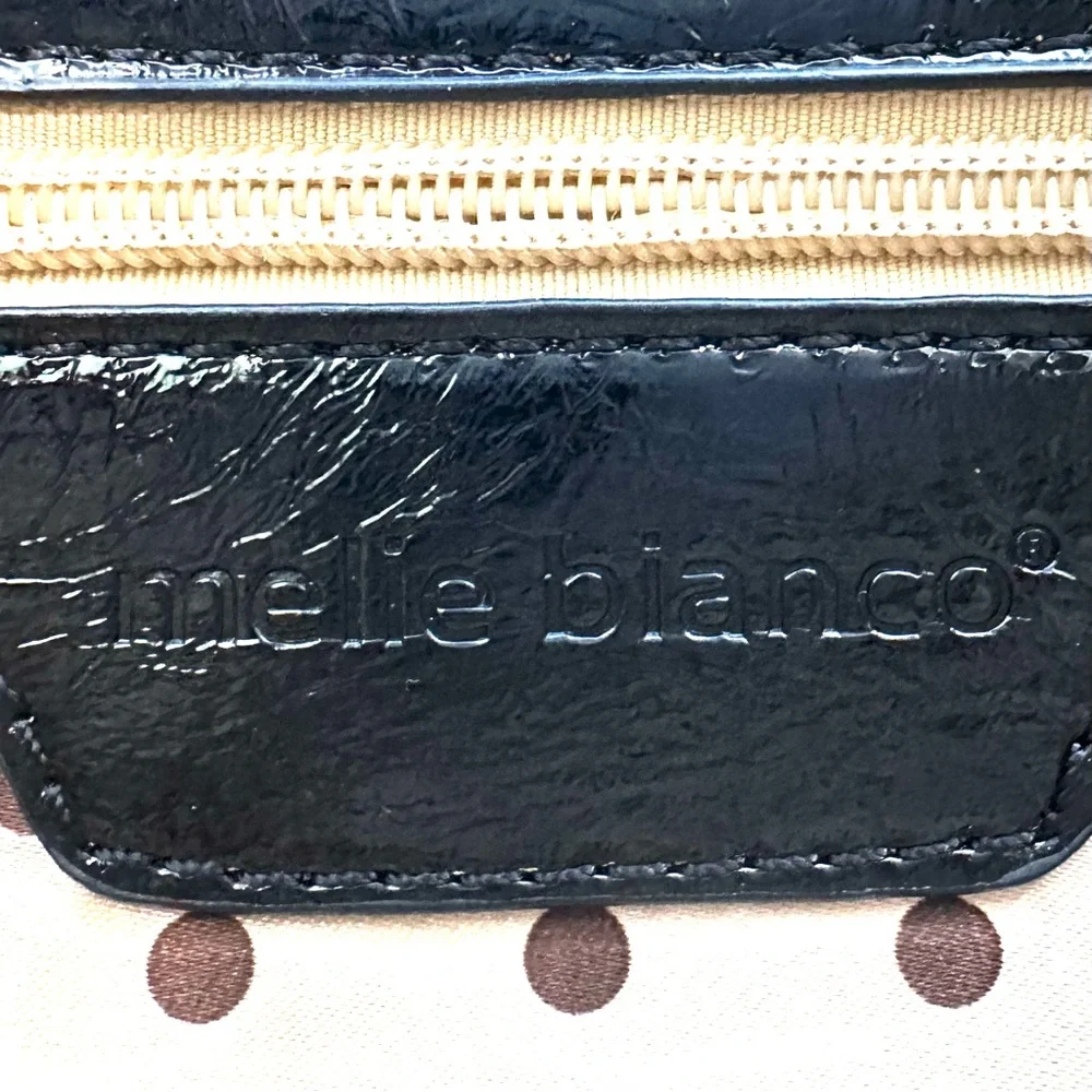 Melie Bianco Patent with Black & White Straw Geometric Satchel Handbag Purse Bag